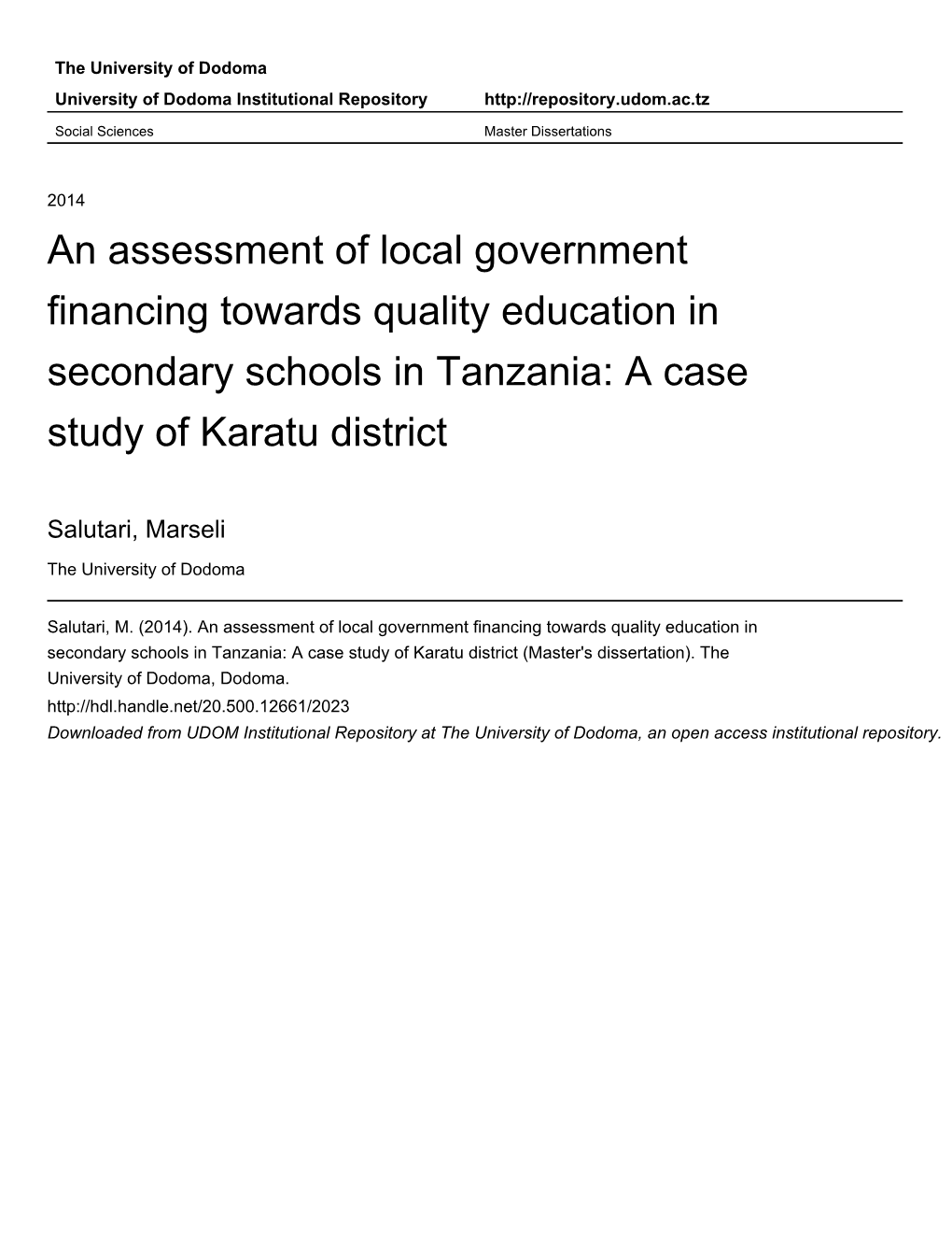 An Assessment of Local Government Financing Towards Quality Education in Secondary Schools in Tanzania: a Case Study of Karatu District