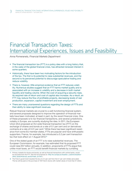 Financial Transaction Taxes: International Experiences, Issues and Feasibility 3 Bank of Canada Review • Autumn 2012