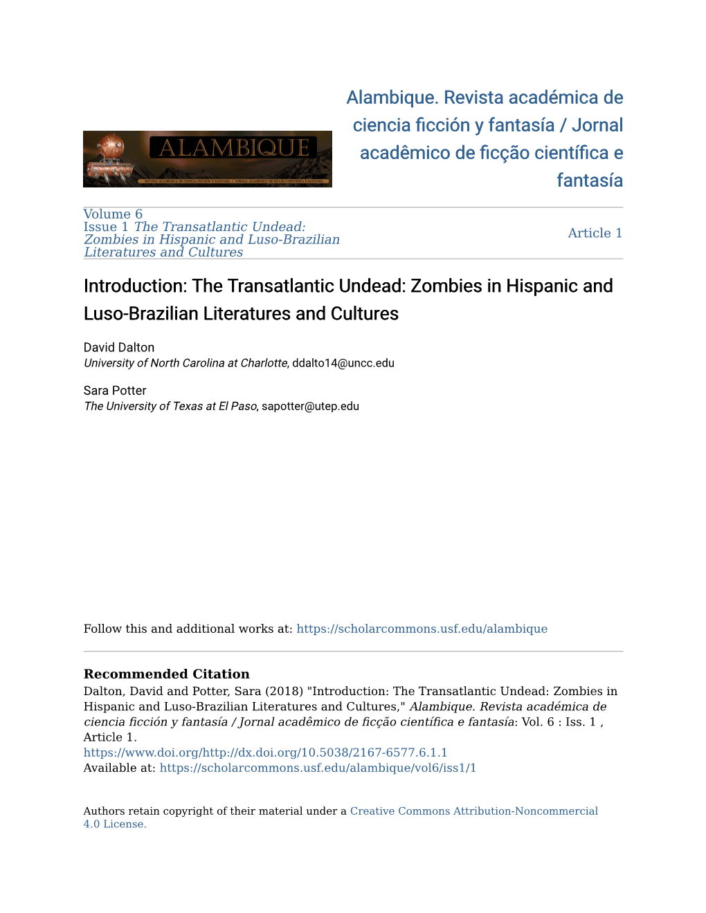 The Transatlantic Undead: Zombies in Hispanic and Luso-Brazilian Article 1 Literatures and Cultures