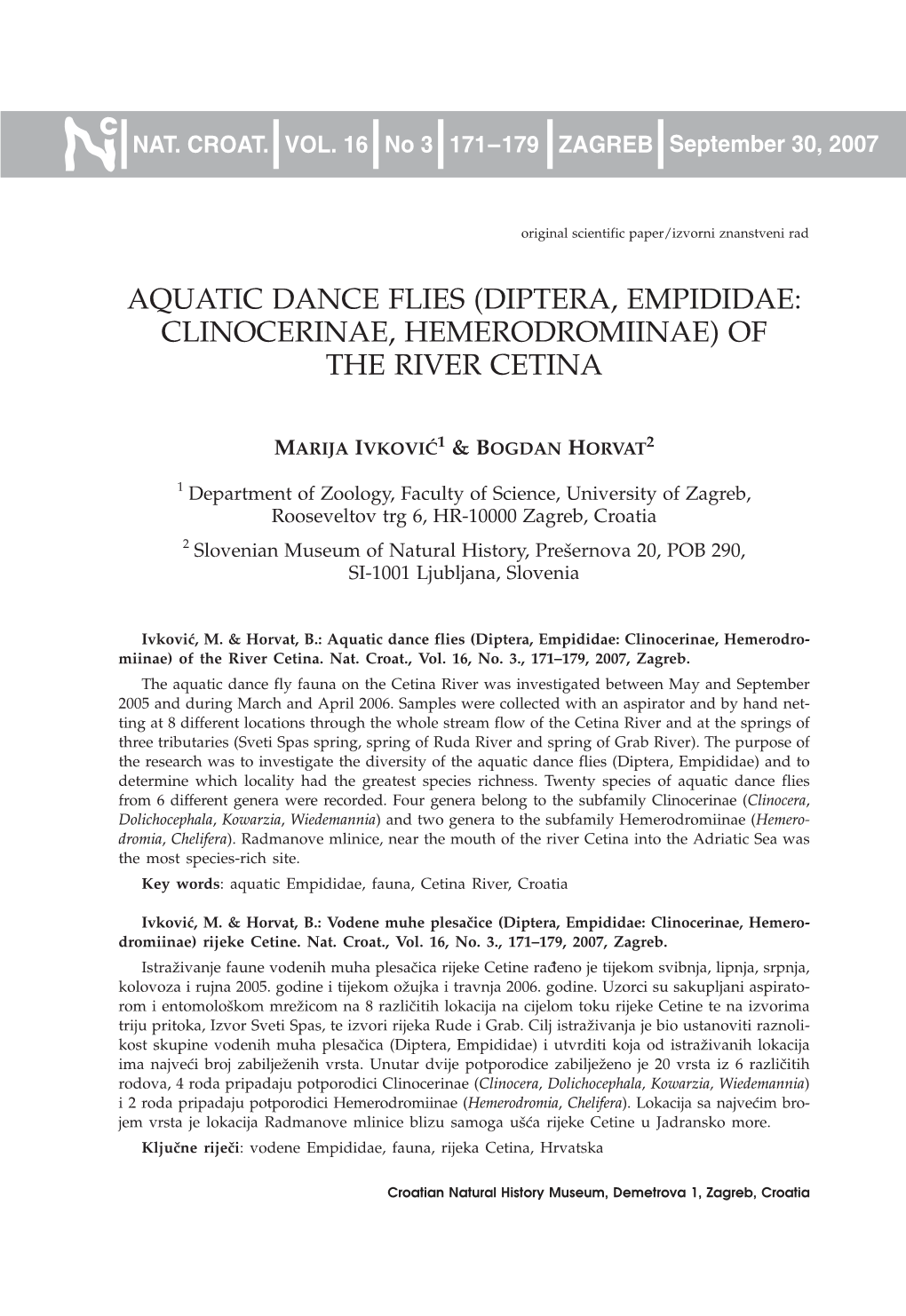 Aquatic Dance Flies (Diptera, Empididae: Clinocerinae, Hemerodromiinae) of the River Cetina