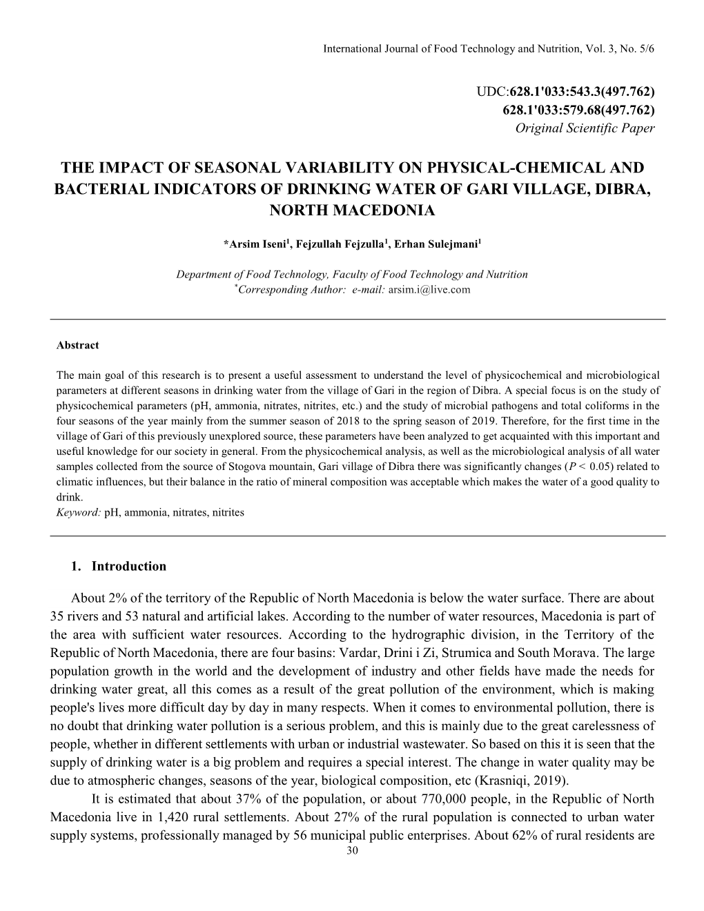 The Impact of Seasonal Variability on Physical-Chemical and Bacterial Indicators of Drinking Water of Gari Village, Dibra, North Macedonia