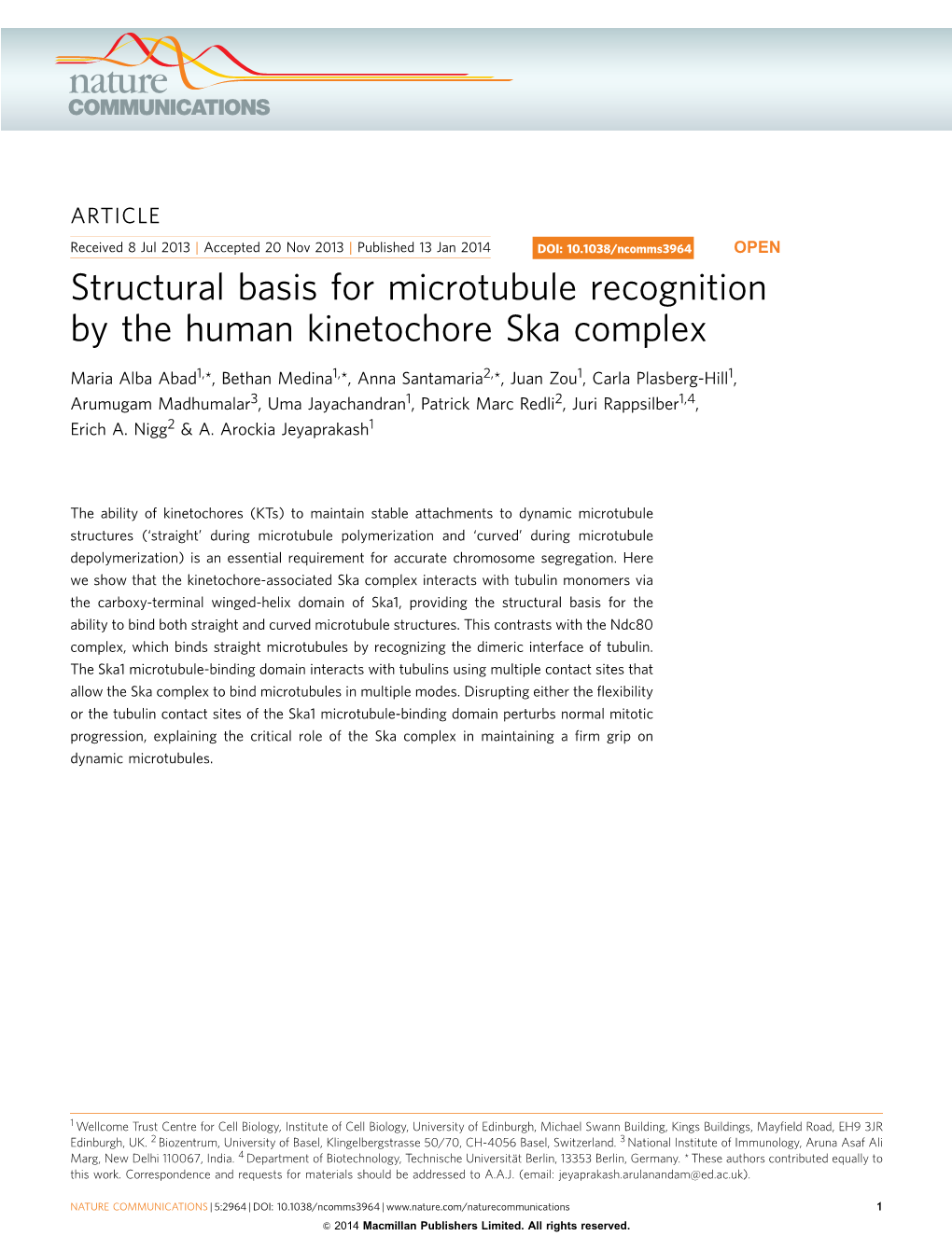 Structural Basis for Microtubule Recognition by the Human Kinetochore Ska Complex