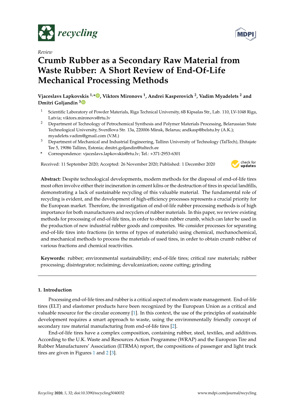 Crumb Rubber As a Secondary Raw Material from Waste Rubber: a Short Review of End-Of-Life Mechanical Processing Methods