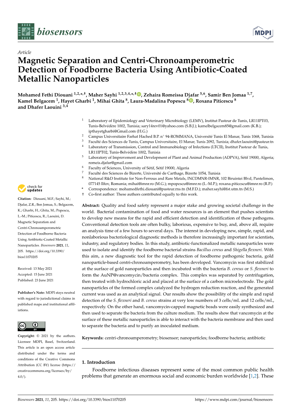 Magnetic Separation and Centri-Chronoamperometric Detection of Foodborne Bacteria Using Antibiotic-Coated Metallic Nanoparticles