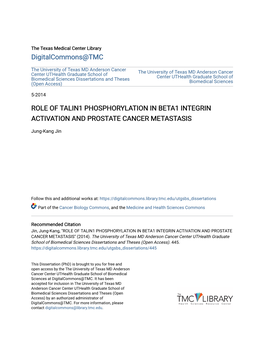 Role of Talin1 Phosphorylation in Beta1 Integrin Activation and Prostate Cancer Metastasis