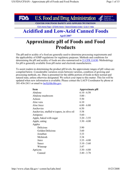 Acidified and Low-Acid Canned Foods Approximate Ph