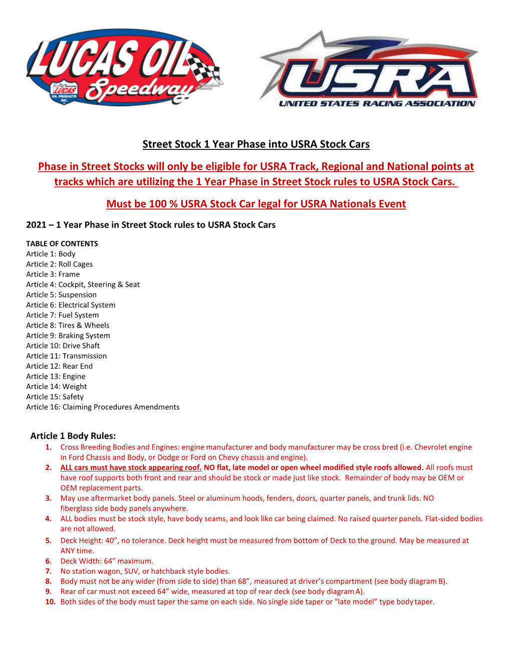 Street Stock 1 Year Phase Into USRA Stock Cars