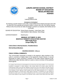 Jurupa Unified School District Board of Education Regular Meeting Agenda