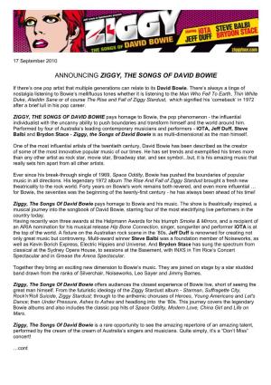 Announcing Ziggy, the Songs of David Bowie
