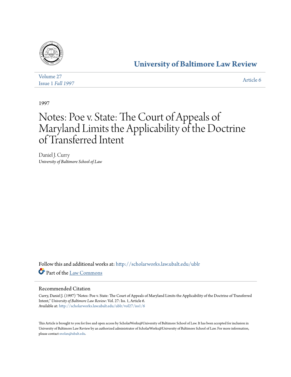 POE V. STATE: the COURT of APPEALS of Maryland LIMITS the APPLICABILITY of the DOCTRINE of TRANSFERRED INTENT