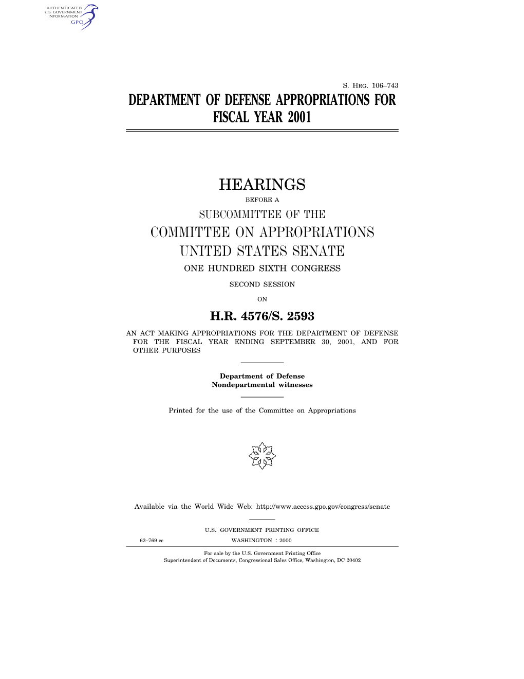 Department of Defense Appropriations for Fiscal Year 2001