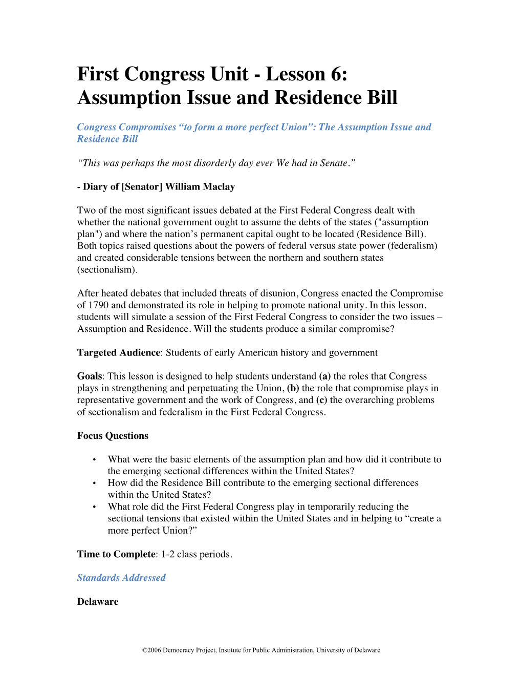 First Congress Unit - Lesson 6: Assumption Issue and Residence Bill