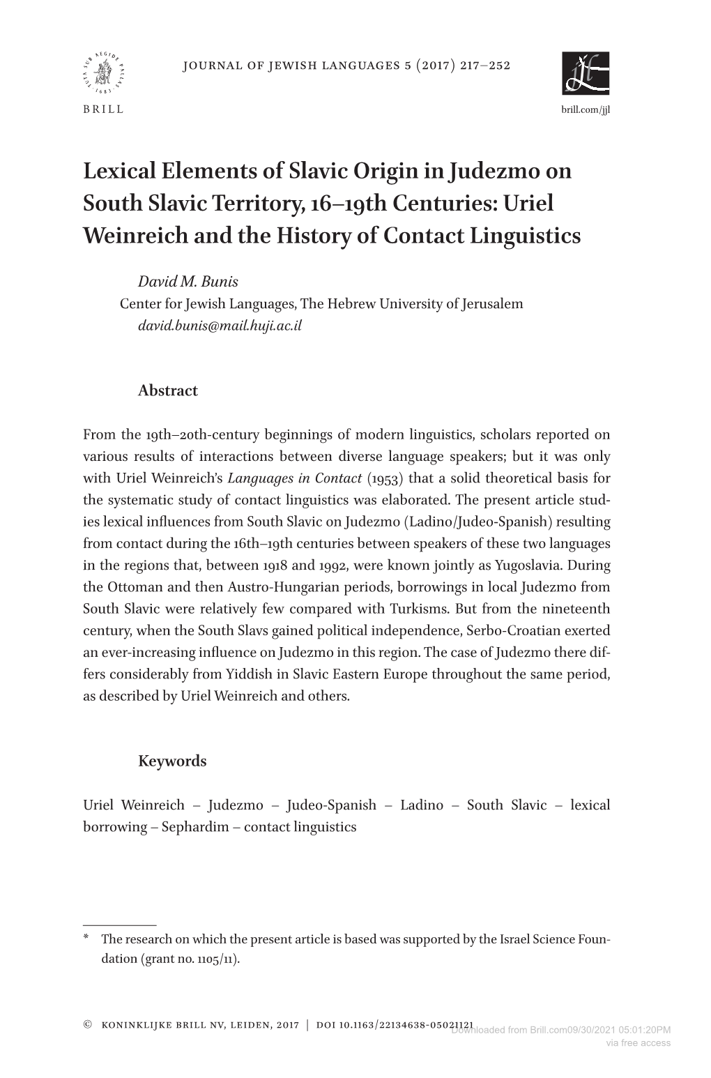Lexical Elements of Slavic Origin in Judezmo on South Slavic Territory, 16–19Th Centuries: Uriel Weinreich and the History of Contact Linguistics
