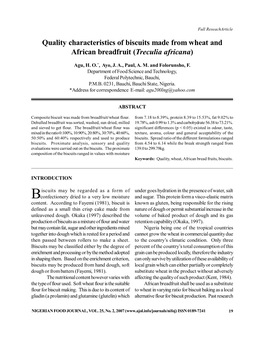Quality Characteristics of Biscuits Made from Wheat and African Breadfruit (Treculia Africana)
