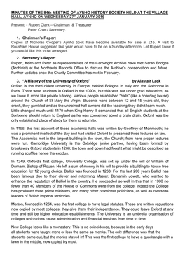MINUTES of the 84Th MEETING of AYNHO HISTORY SOCIETY HELD at the VILLAGE HALL, AYNHO on WEDNESDAY 27Th JANUARY 2016