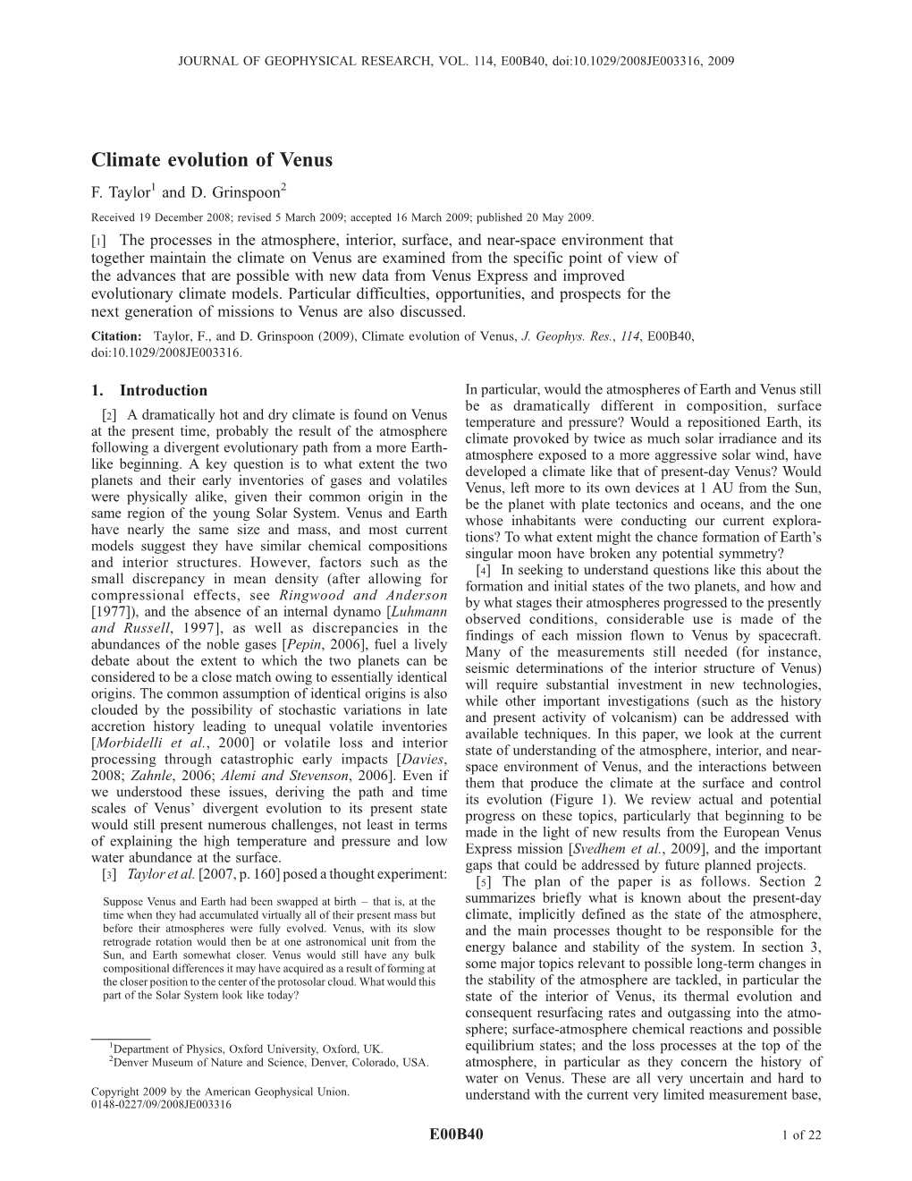 F.W. Taylor and D.H. Grinspoon. (2009). Climate Evolution of Venus