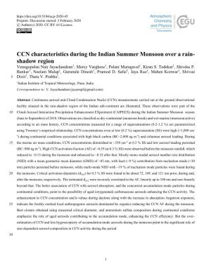 CCN Characteristics During the Indian Summer Monsoon Over a Rain- Shadow Region Venugopalan Nair Jayachandran1, Mercy Varghese1, Palani Murugavel1, Kiran S