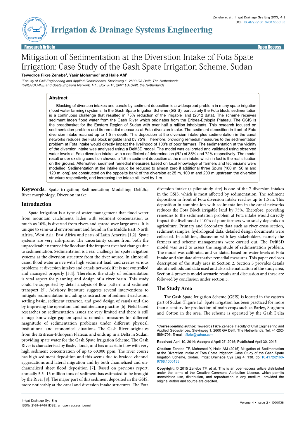 Mitigation of Sedimentation at the Diverstion Intake of Fota Spate Irrigation