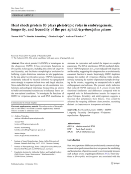 Heat Shock Protein 83 Plays Pleiotropic Roles in Embryogenesis, Longevity, and Fecundity of the Pea Aphid Acyrthosiphon Pisum