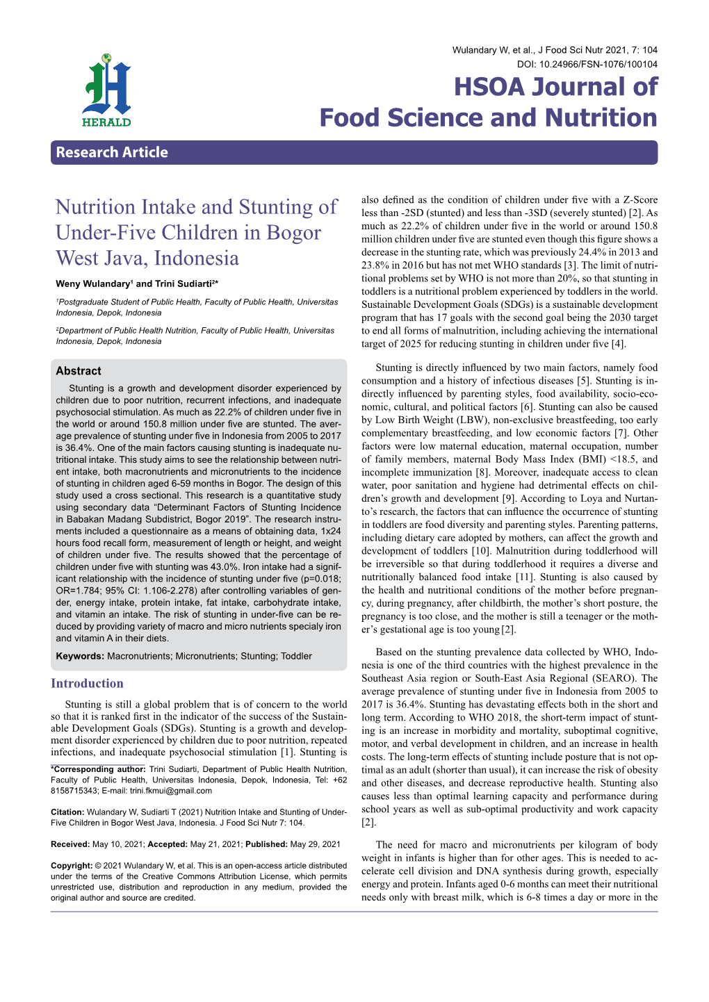 Nutrition Intake and Stunting of Under-Five Children in Bogor West Java, Indonesia