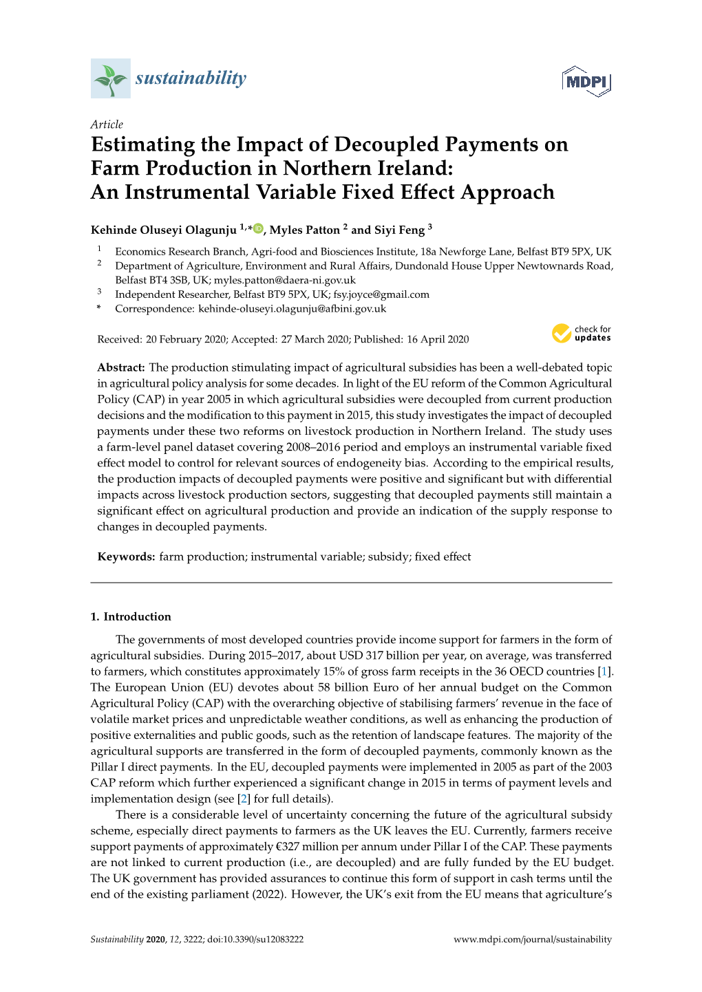 Estimating the Impact of Decoupled Payments on Farm Production in Northern Ireland: an Instrumental Variable Fixed Eﬀect Approach