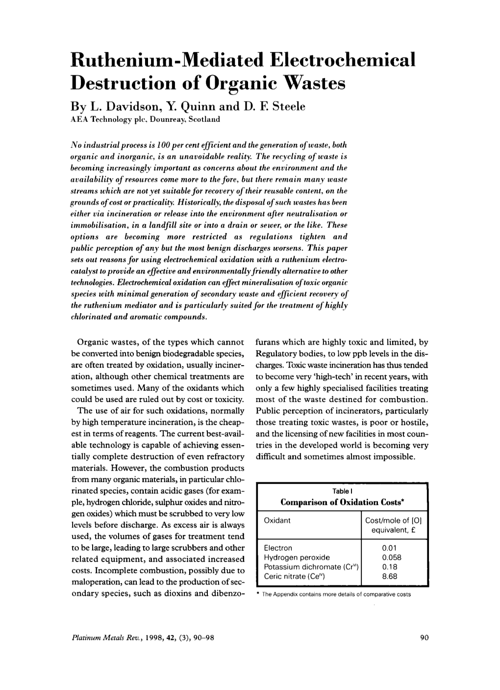 Ruthenium-Mediated Electrochemical Destruction of Organic Wastes by L