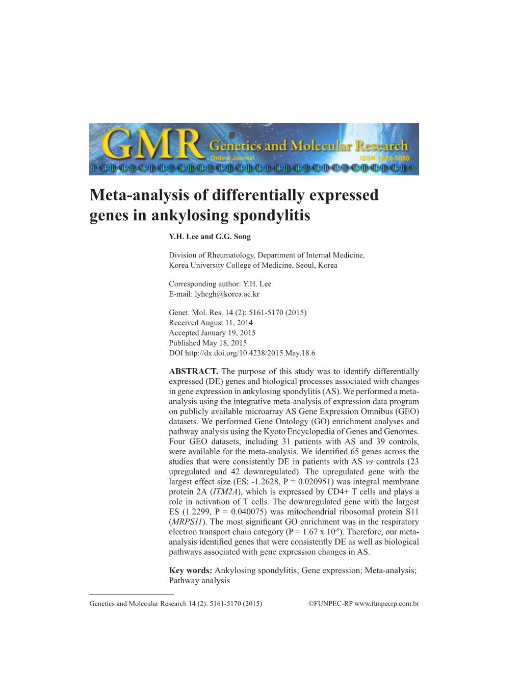 Meta-Analysis of Differentially Expressed Genes in Ankylosing Spondylitis Y.H