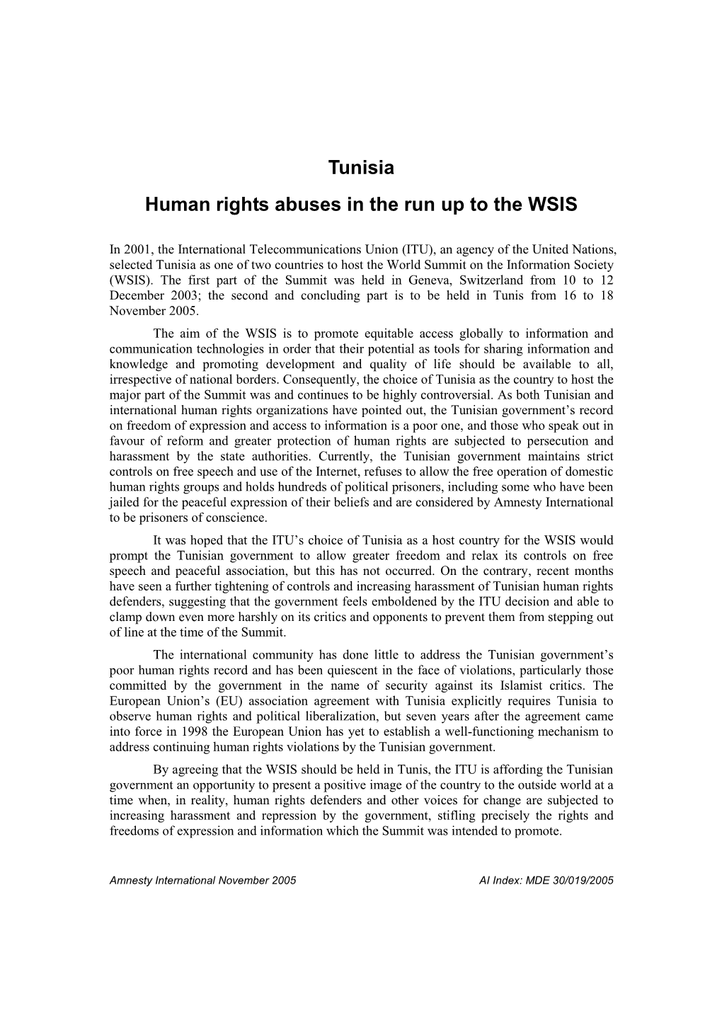 Tunisia Human Rights Abuses in the Run up to the WSIS