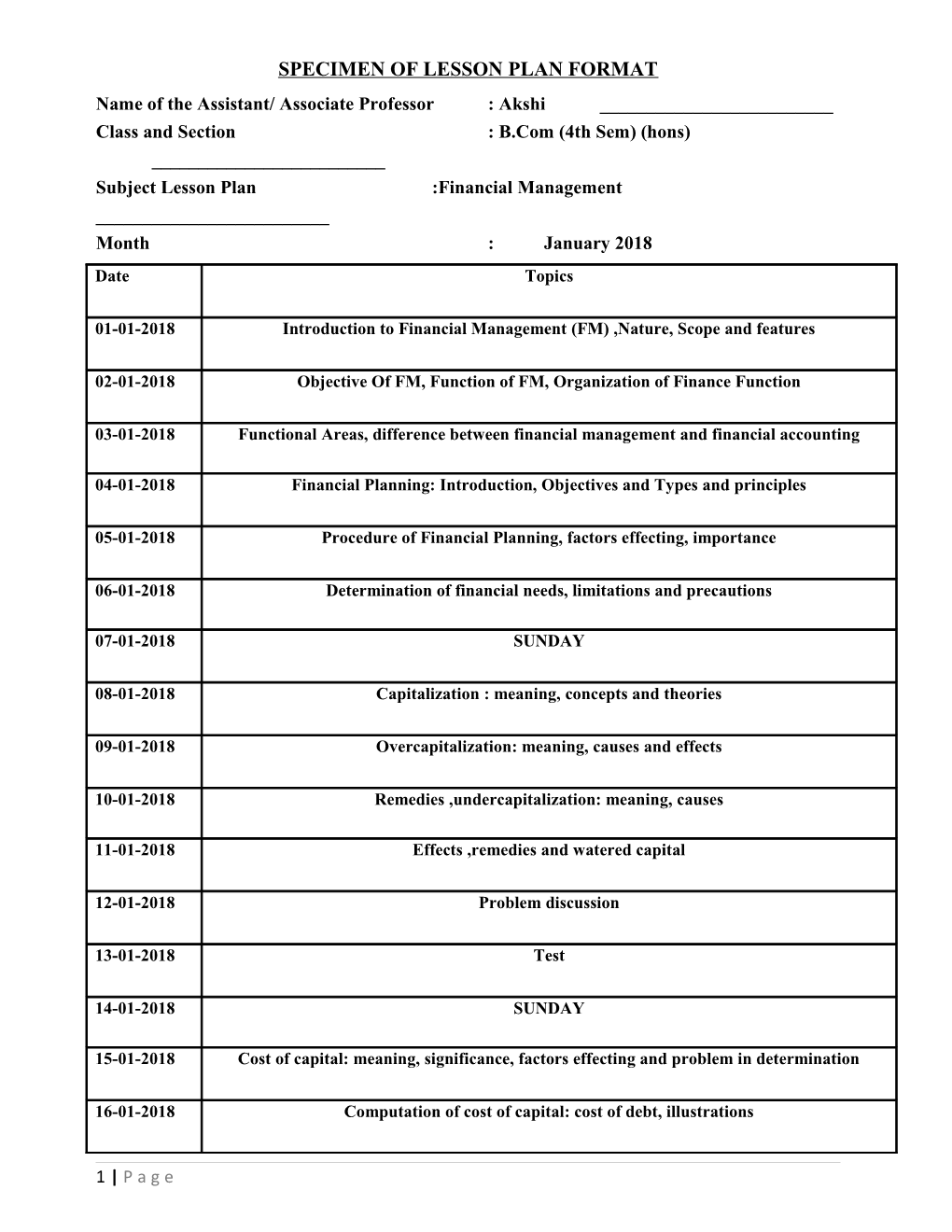 Specimen of Lesson Plan Format