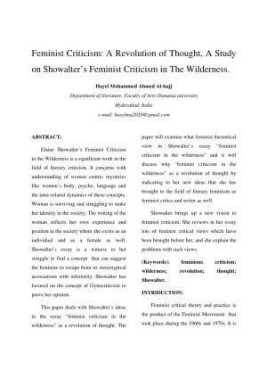 Feminist Criticism: a Revolution of Thought, a Study on Showalter’S Feminist Criticism in the Wilderness