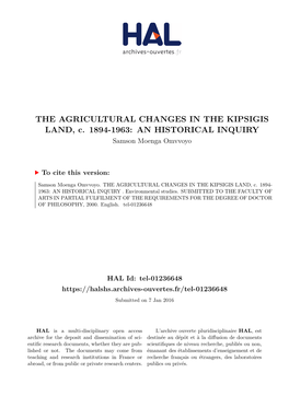 THE AGRICULTURAL CHANGES in the KIPSIGIS LAND, C