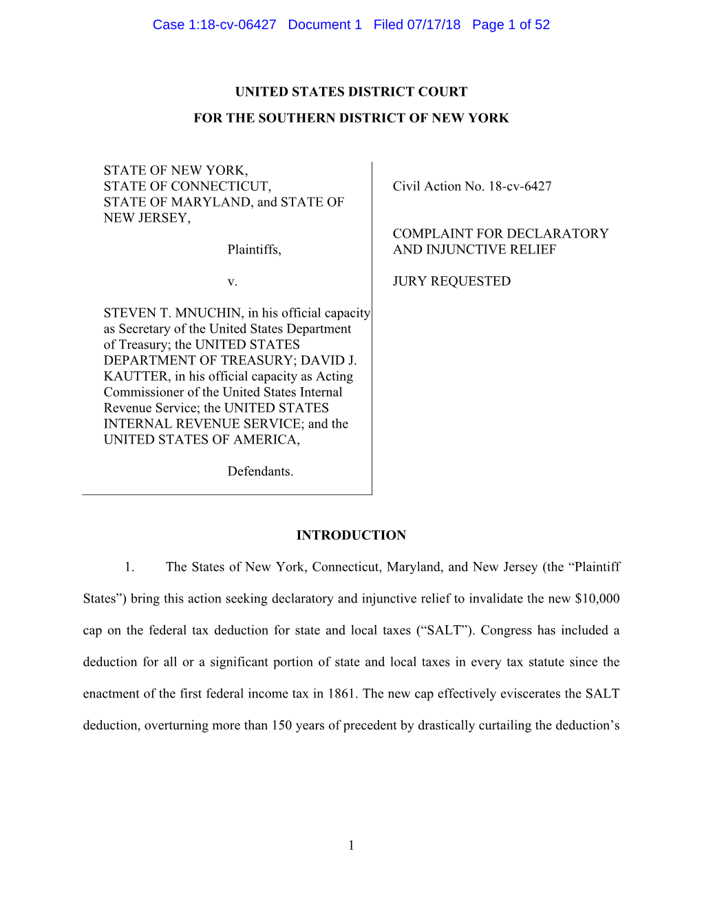 1 United States District Court for the Southern District of New York State of New York, State of Connecticut, State of Maryla