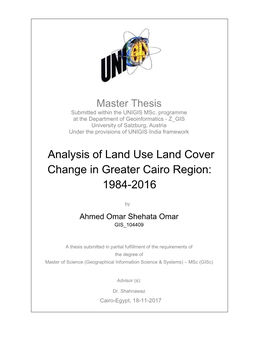 Analysis of Land Use Land Cover Change in Greater Cairo Region: 1984-2016