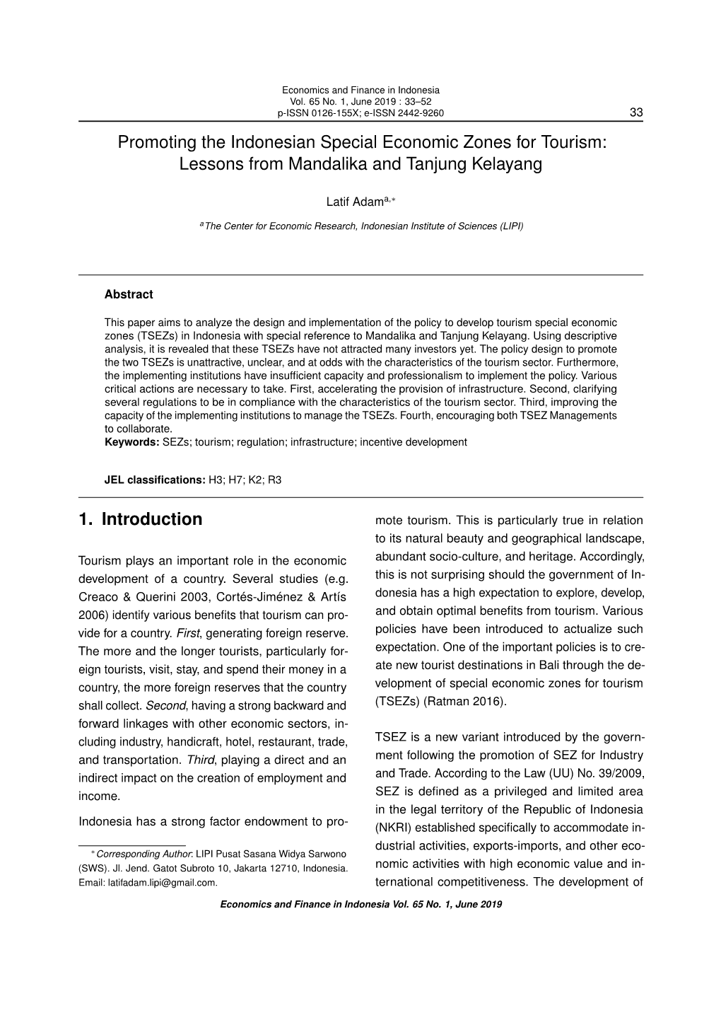 Promoting the Indonesian Special Economic Zones for Tourism: Lessons from Mandalika and Tanjung Kelayang