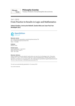 Philosophia Scientiæ, 16-1 | 2012, “From Practice to Results in Logic and Mathematics” [Online], Online Since 01 April 2012, Connection on 15 January 2021