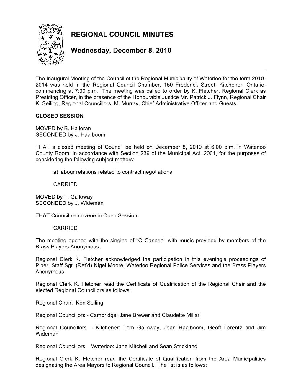 REGIONAL COUNCIL MINUTES Wednesday, December 8, 2010