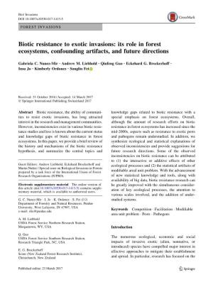 Biotic Resistance to Exotic Invasions: Its Role in Forest Ecosystems, Confounding Artifacts, and Future Directions