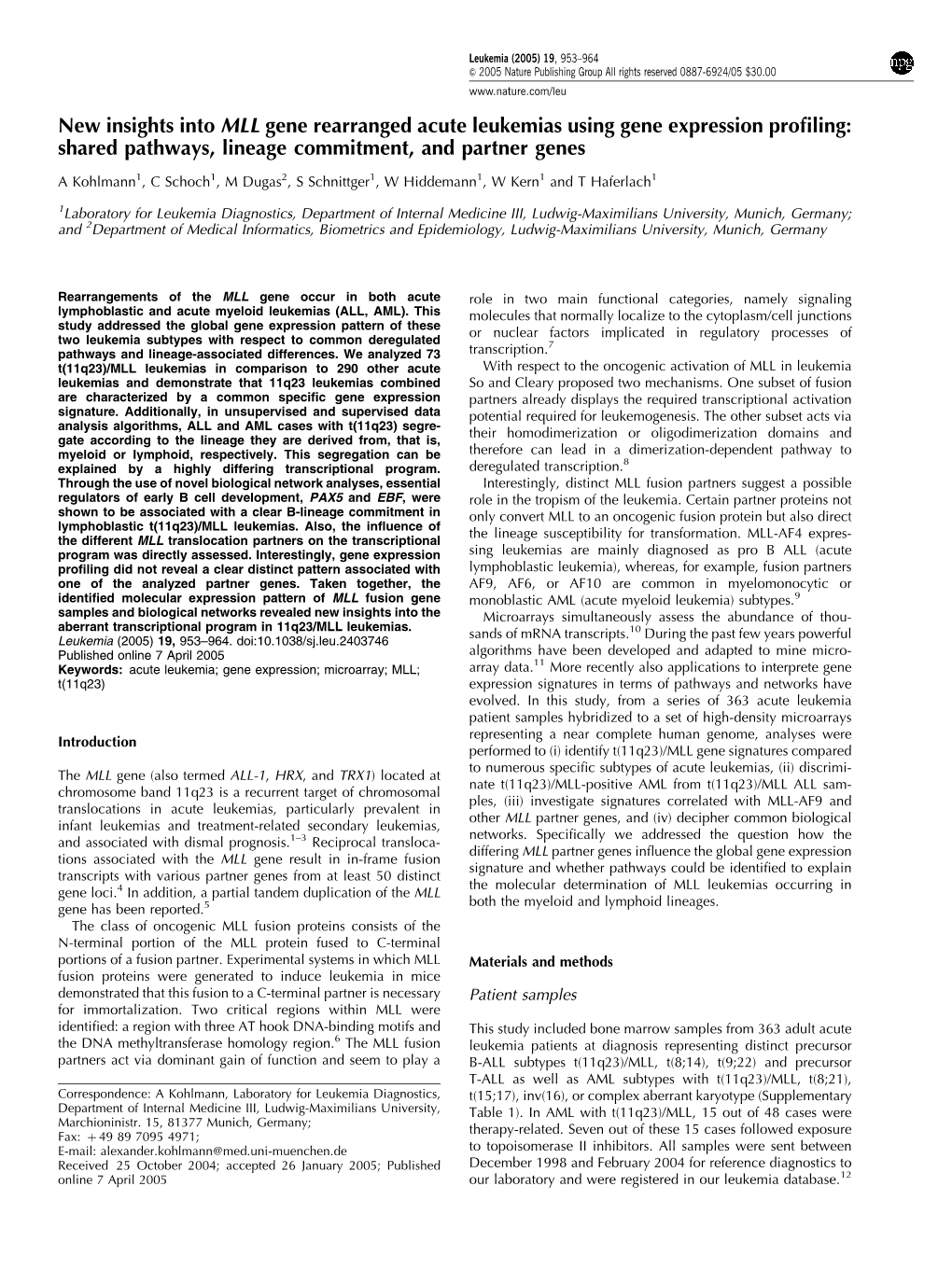 New Insights Into MLL Gene Rearranged Acute Leukemias Using Gene Expression Proﬁling: Shared Pathways, Lineage Commitment, and Partner Genes