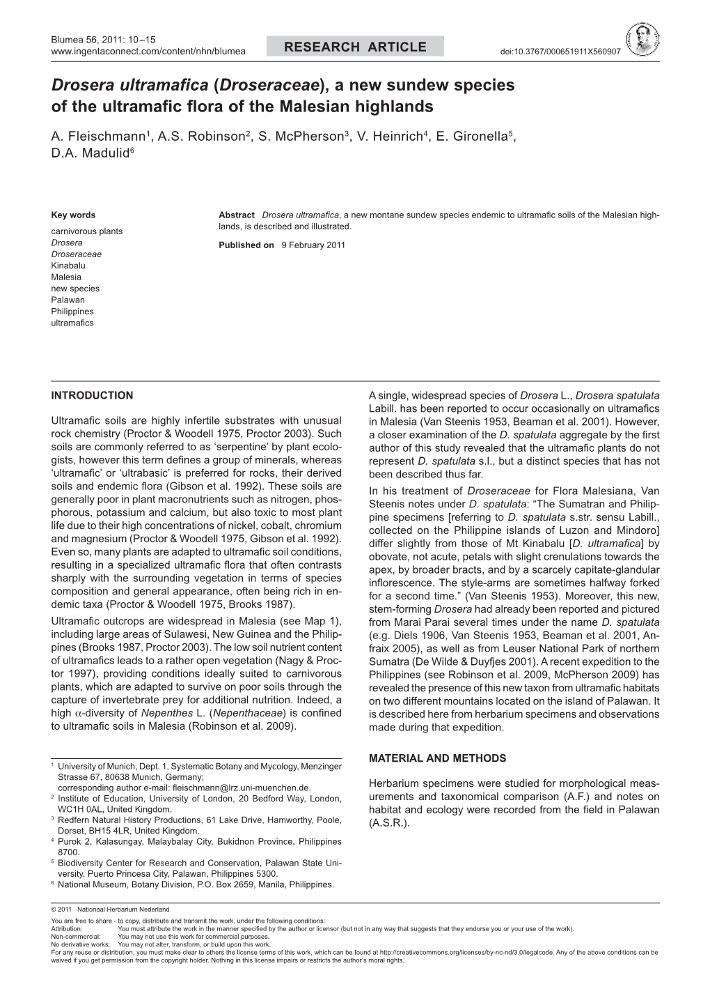 Drosera Ultramafica (Droseraceae), a New Sundew Species of the Ultramafic Flora of the Malesian Highlands