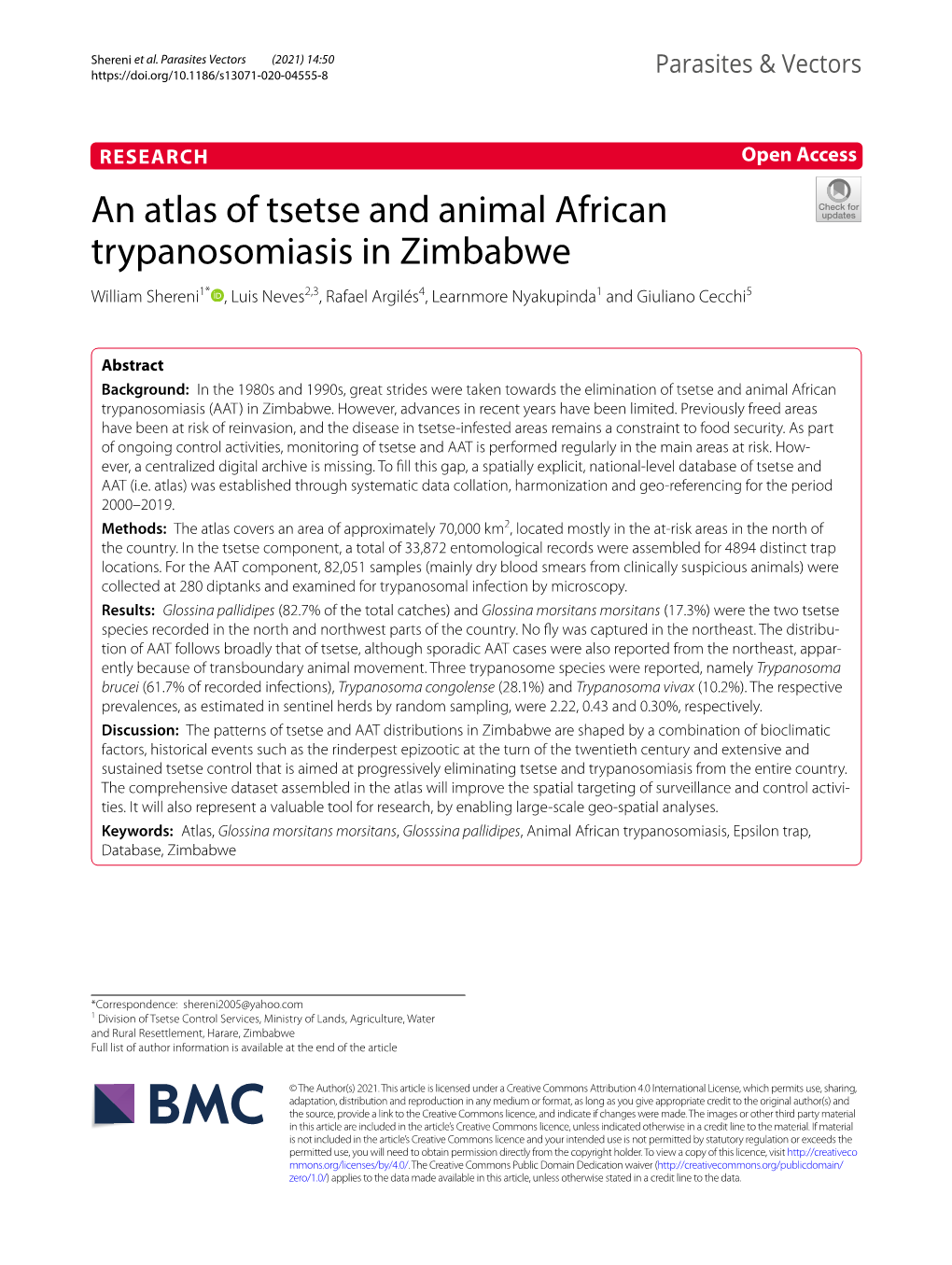 An Atlas of Tsetse and Animal African Trypanosomiasis in Zimbabwe William Shereni1* , Luis Neves2,3, Rafael Argilés4, Learnmore Nyakupinda1 and Giuliano Cecchi5