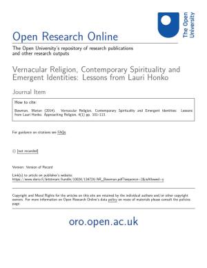 Vernacular Religion, Contemporary Spirituality and Emergent Identities: Lessons from Lauri Honko
