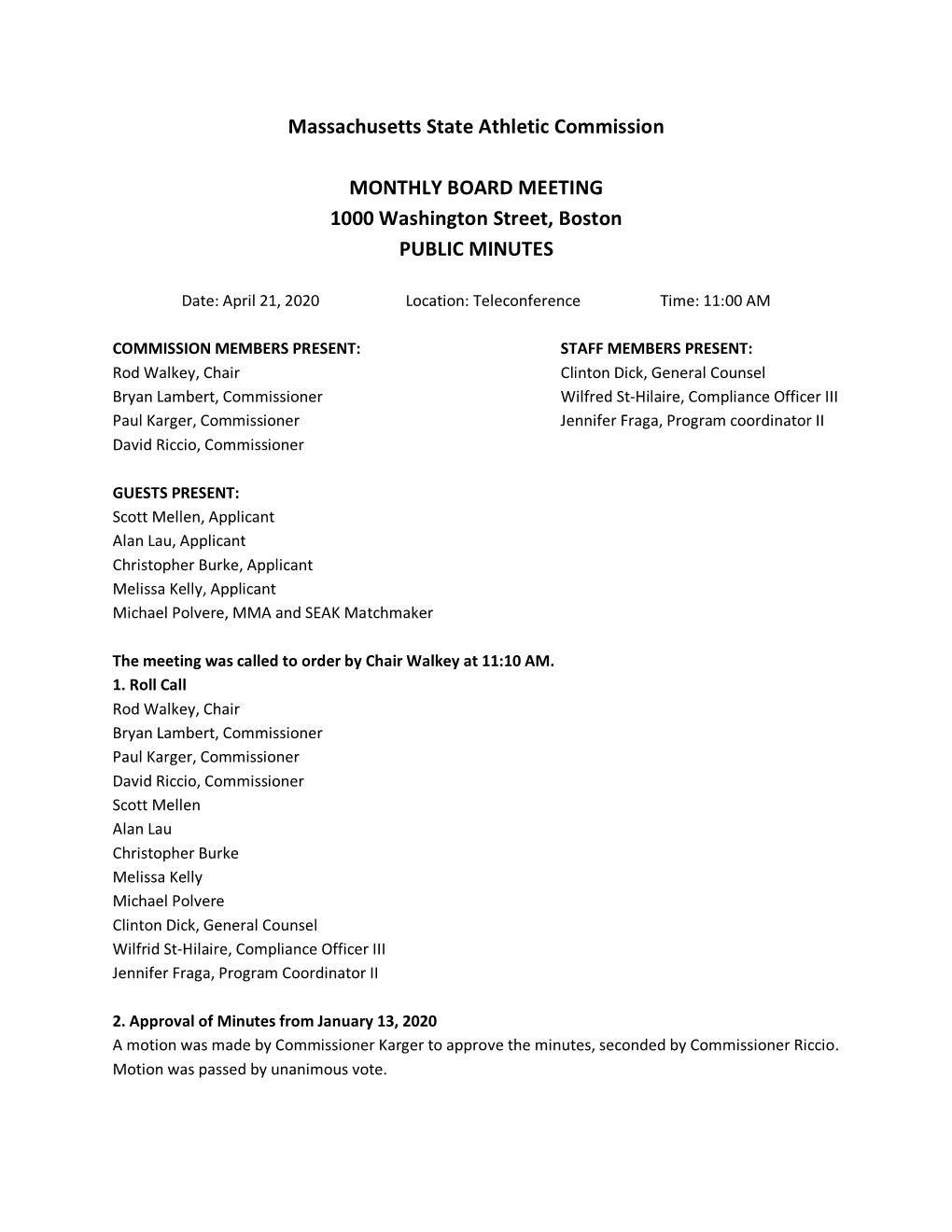 Massachusetts State Athletic Commission MONTHLY BOARD