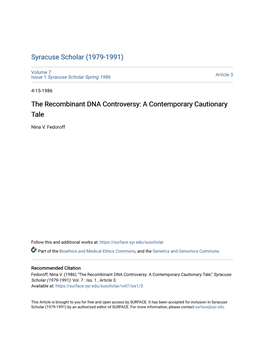 The Recombinant DNA Controversy: a Contemporary Cautionary Tale