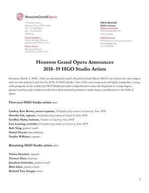 Houston Grand Opera Announces 2018–19 HGO Studio Artists