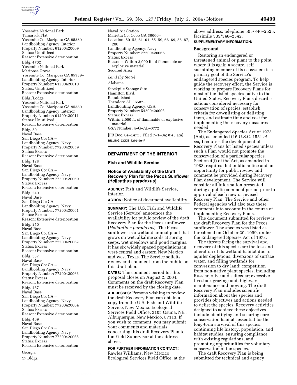 Notice of Availability of the Draft Recovery Plan for the Pecos Sunflower