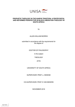 Prophetic Theology in the Kairos Tradition: a Pentecostal and Reformed Perspective in Black Liberation Theology in South Africa