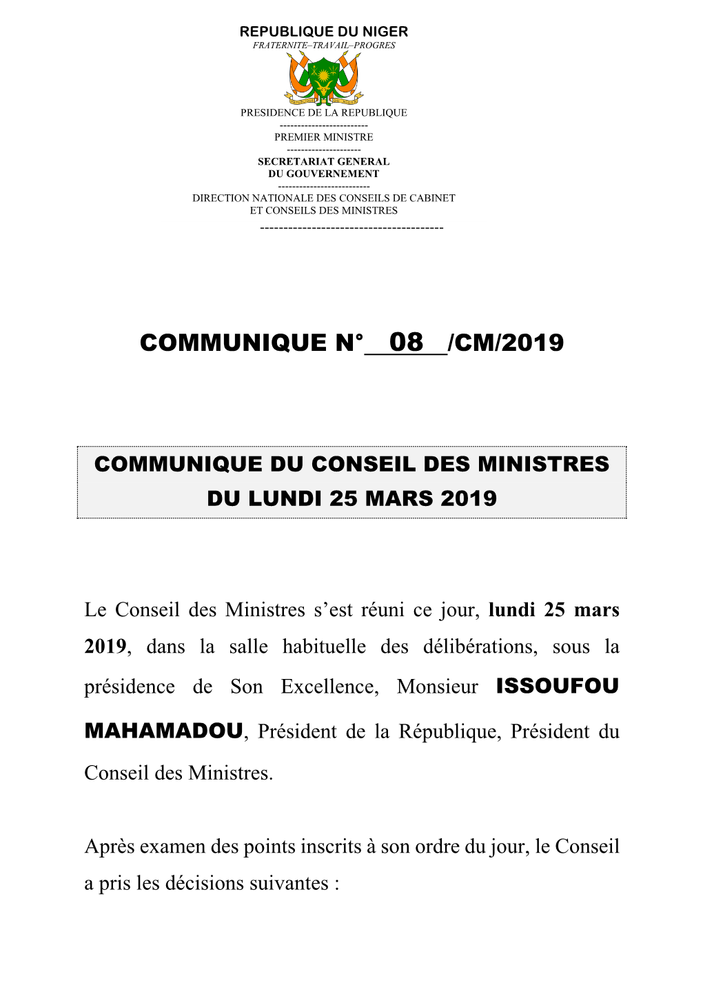 Communique N° 08 /Cm/2019