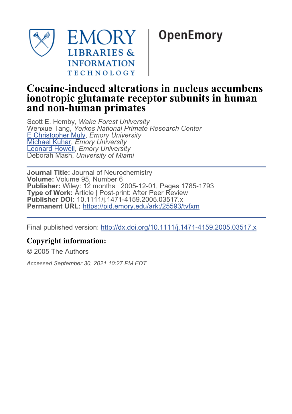 Cocaine-Induced Alterations in Nucleus Accumbens Ionotropic Glutamate Receptor Subunits in Human and Non-Human Primates Scott E
