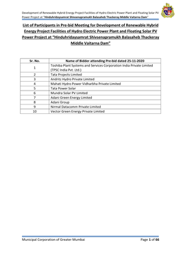 List of Participants in Pre-Bid Meeting for Development of Renewable