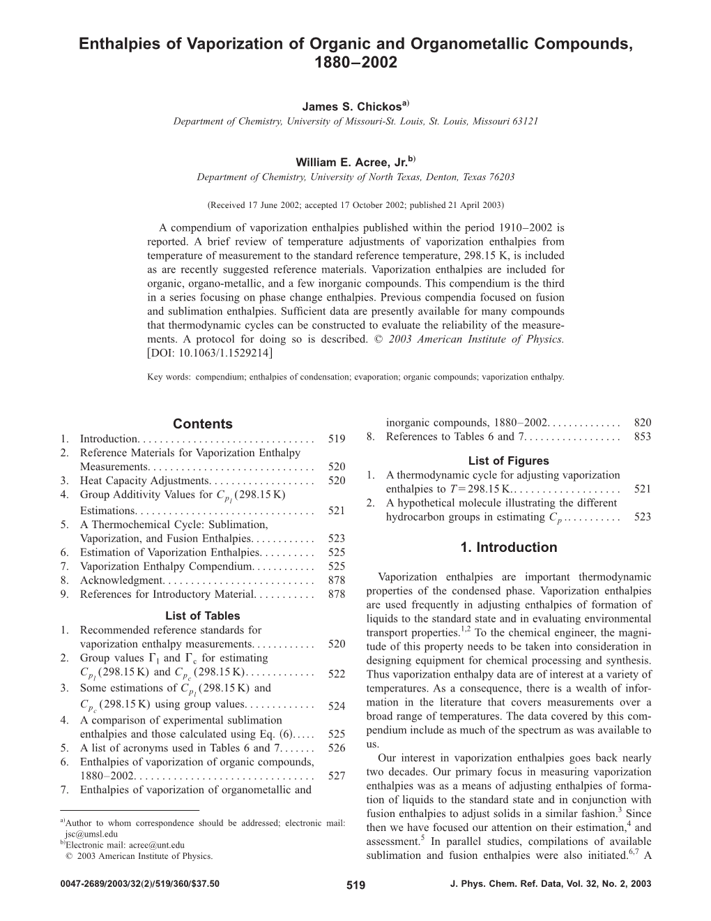 Enthalpies of Vaporization of Organic and Organometallic Compounds, 1880–2002